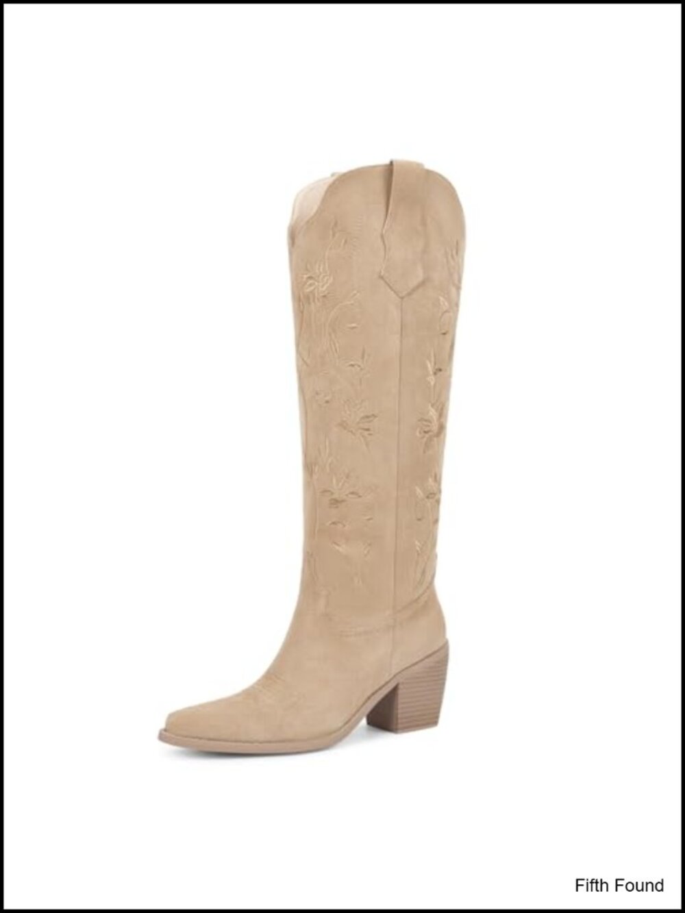 Womens Knee High Western Cowboy Boots Floral Embroidered Pointed Toe Suede